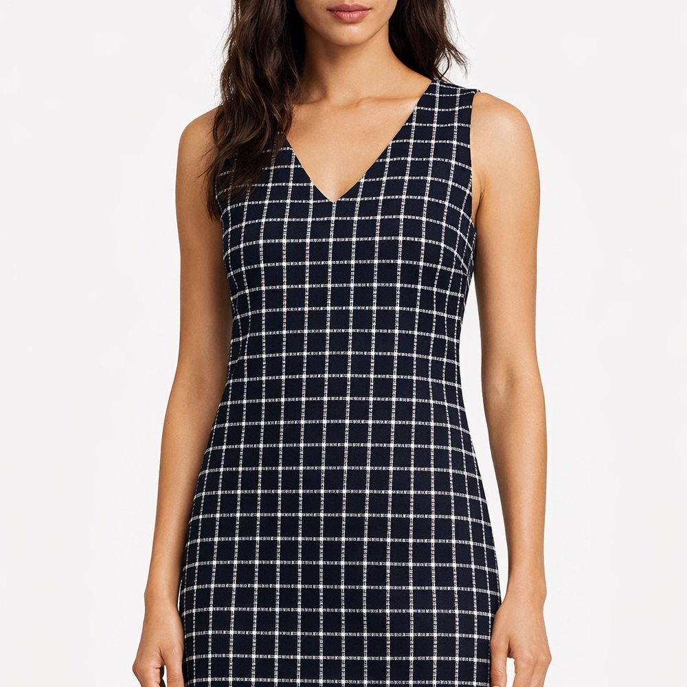 J.Crew Navy Textured Grid Shift Dress Size 0 Sleeveless V-Neck Career Preppy - Picture 1 of 12